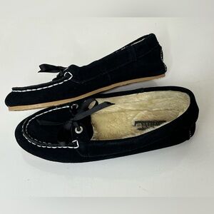 Sperry Top-Sider Black Suede Leather Moccasin Slippers Faux Fur Womens Size 7